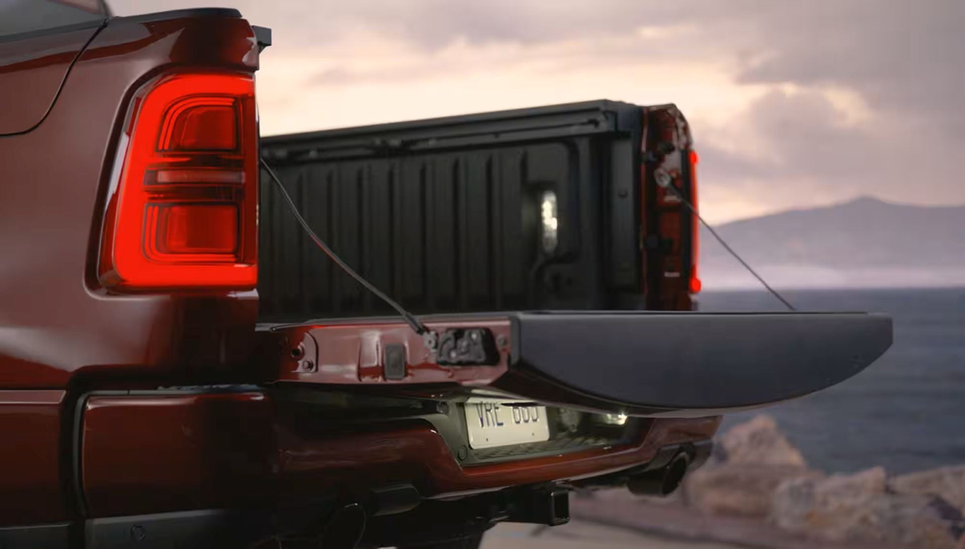 The back end of a red truck.