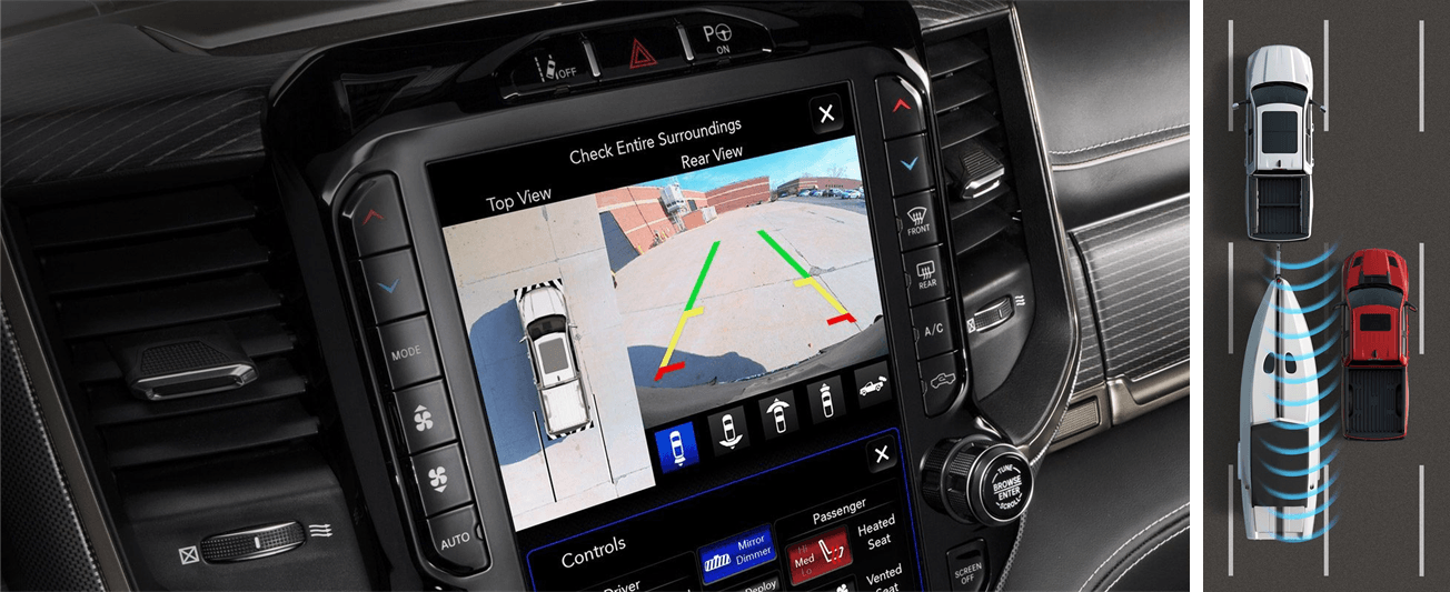 The safety backup camera view from the infotainment screen.